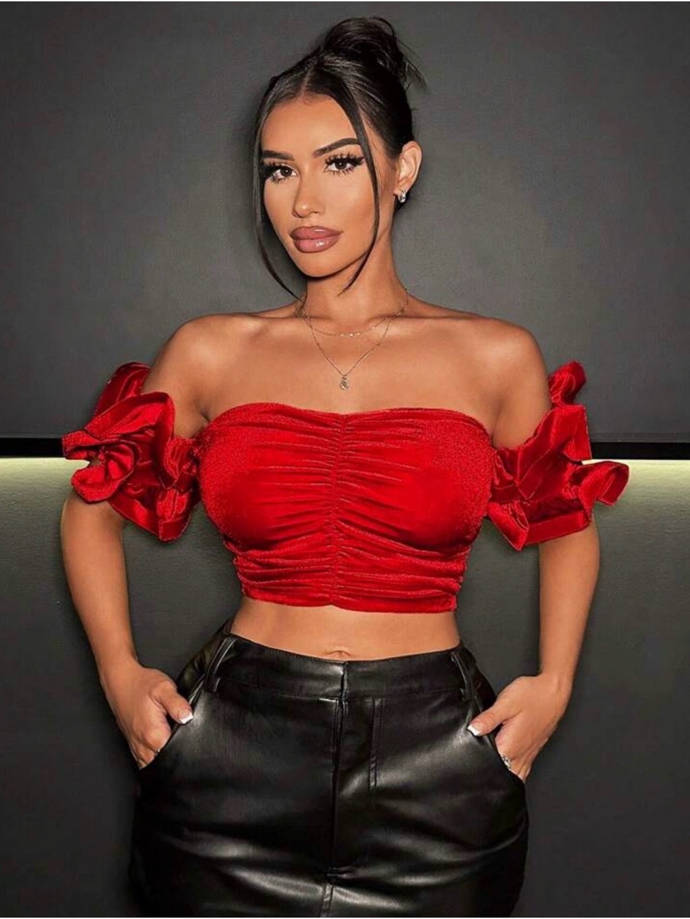 Off-Shoulder Ruffle Crop Top in Red